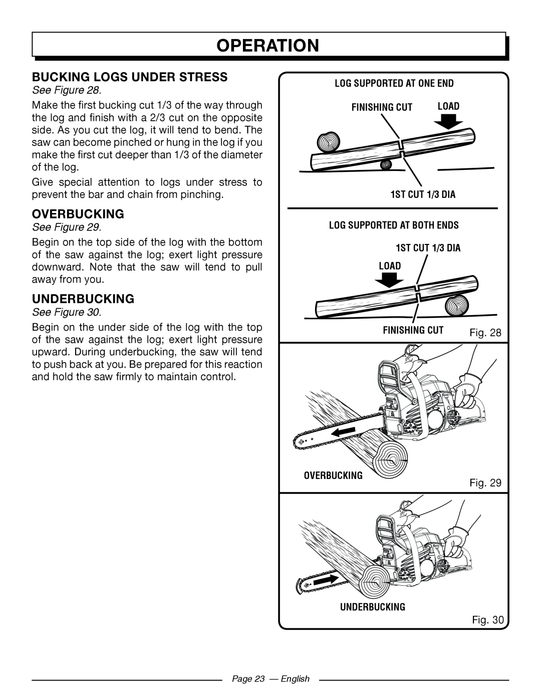 Homelite UT10566, UT10586, UT10584, UT10564 Bucking Logs Under Stress, Overbucking, Underbucking, Operation, See Figure 