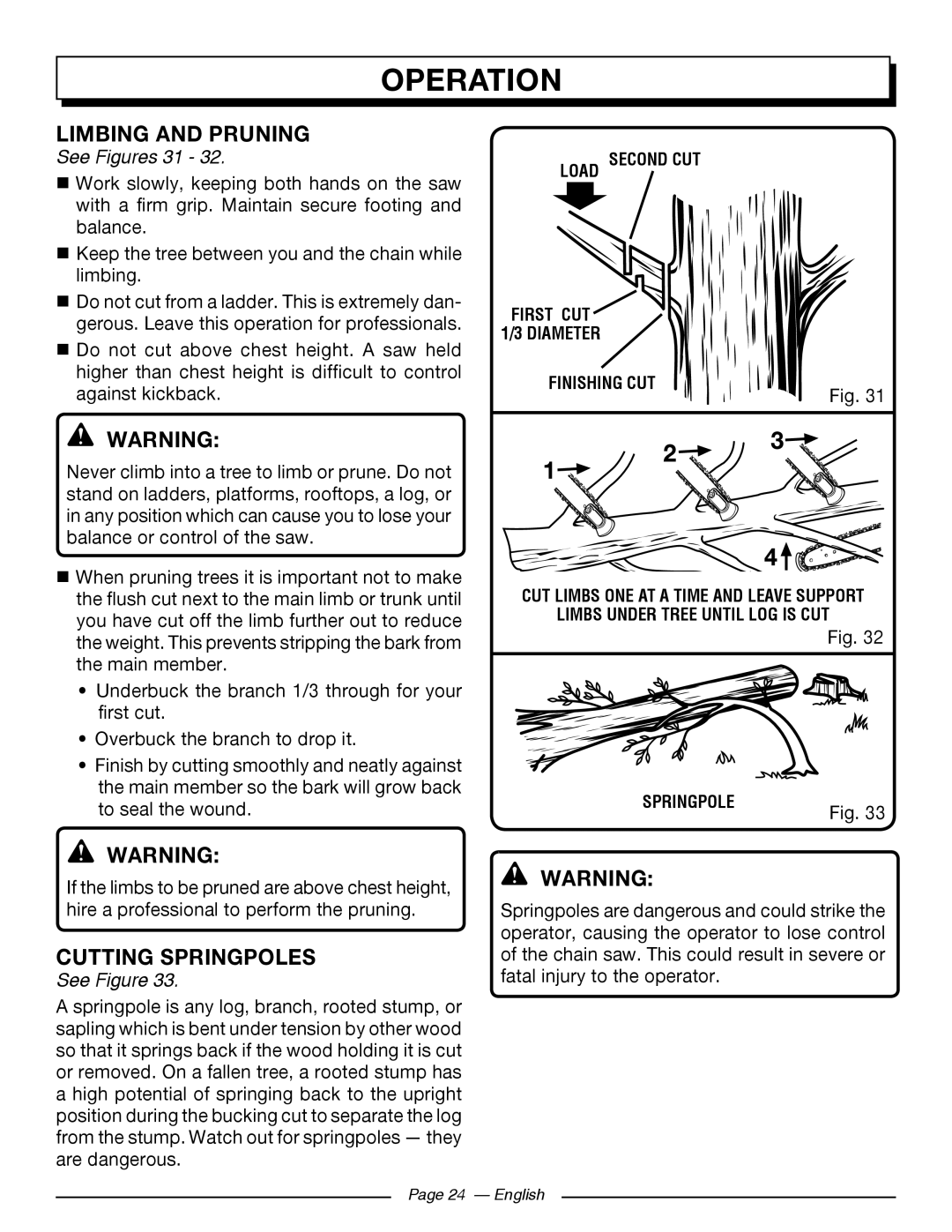 Homelite UT10586, UT10584, UT10564, UT10544, UT10546, UT10566 Limbing And Pruning, Cutting Springpoles, See Figures, Operation 