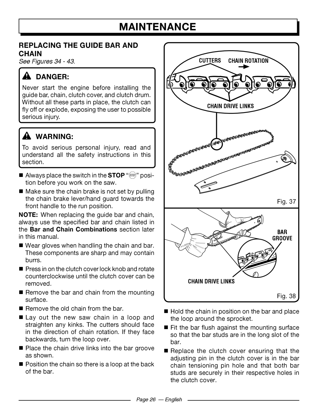 Homelite UT10564, UT10586, UT10584, UT10544, UT10546 Replacing The Guide Bar And Chain, See Figures 34, Maintenance, Danger 