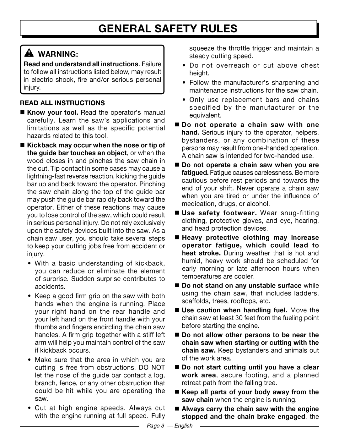 Homelite UT10544, UT10586, UT10584 General Safety Rules, Read All Instructions,  Use safety footwear. Wear snug-fitting 