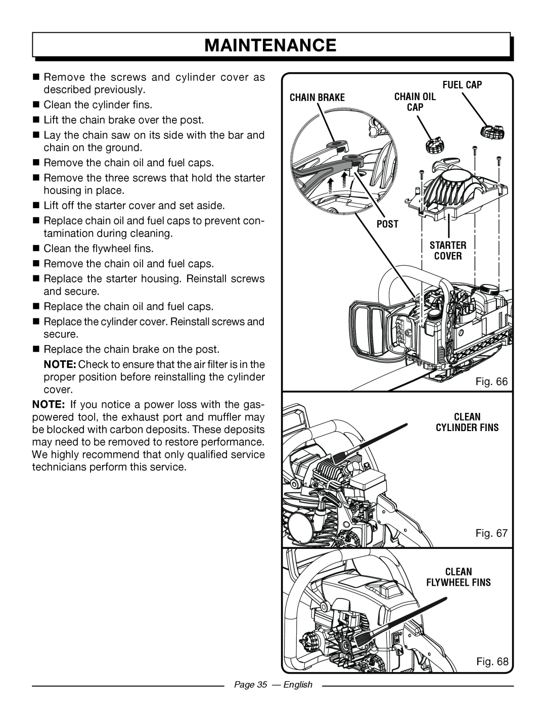 Homelite UT10566, UT10586, UT10584, UT10564, UT10544 Maintenance, Chain Brake, Post, Clean Flywheel Fins, Page 35 - English 