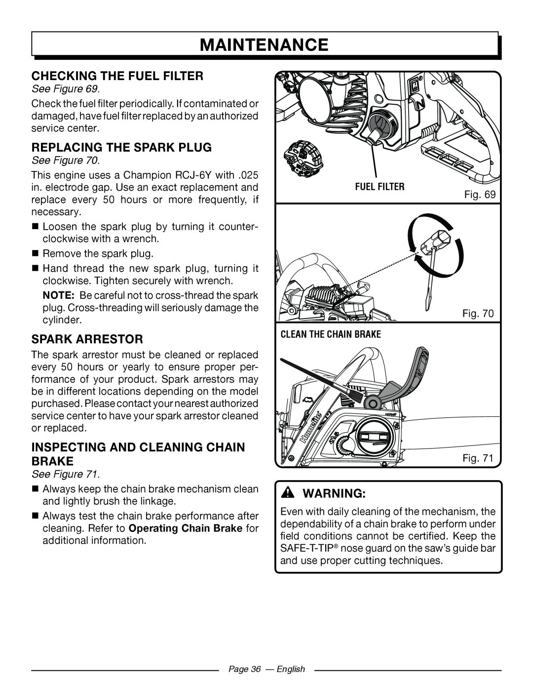 Homelite UT10586 Checking The Fuel Filter, Replacing The Spark Plug, Spark Arrestor, Inspecting And Cleaning Chain Brake 