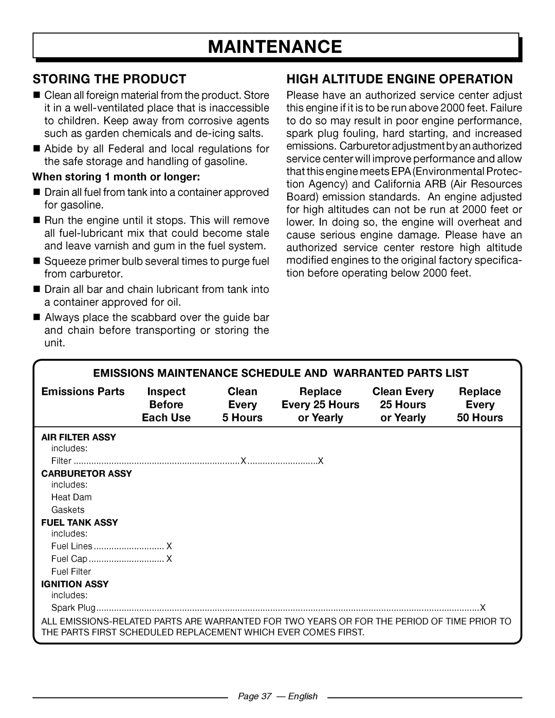 Homelite UT10584 Storing The Product, High Altitude Engine Operation, When storing 1 month or longer, Emissions Parts 
