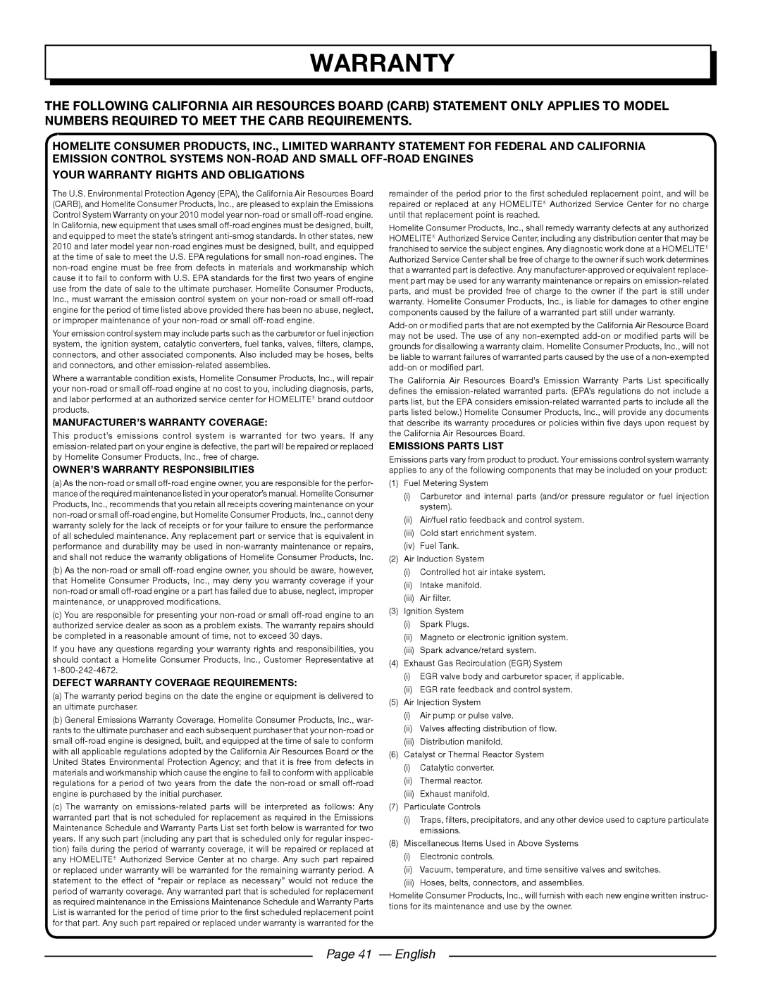 Homelite UT10566 Warrantyranty, Page 41 - English, Manufacturer’S Warranty Coverage, Owner’S Warranty Responsibilities 