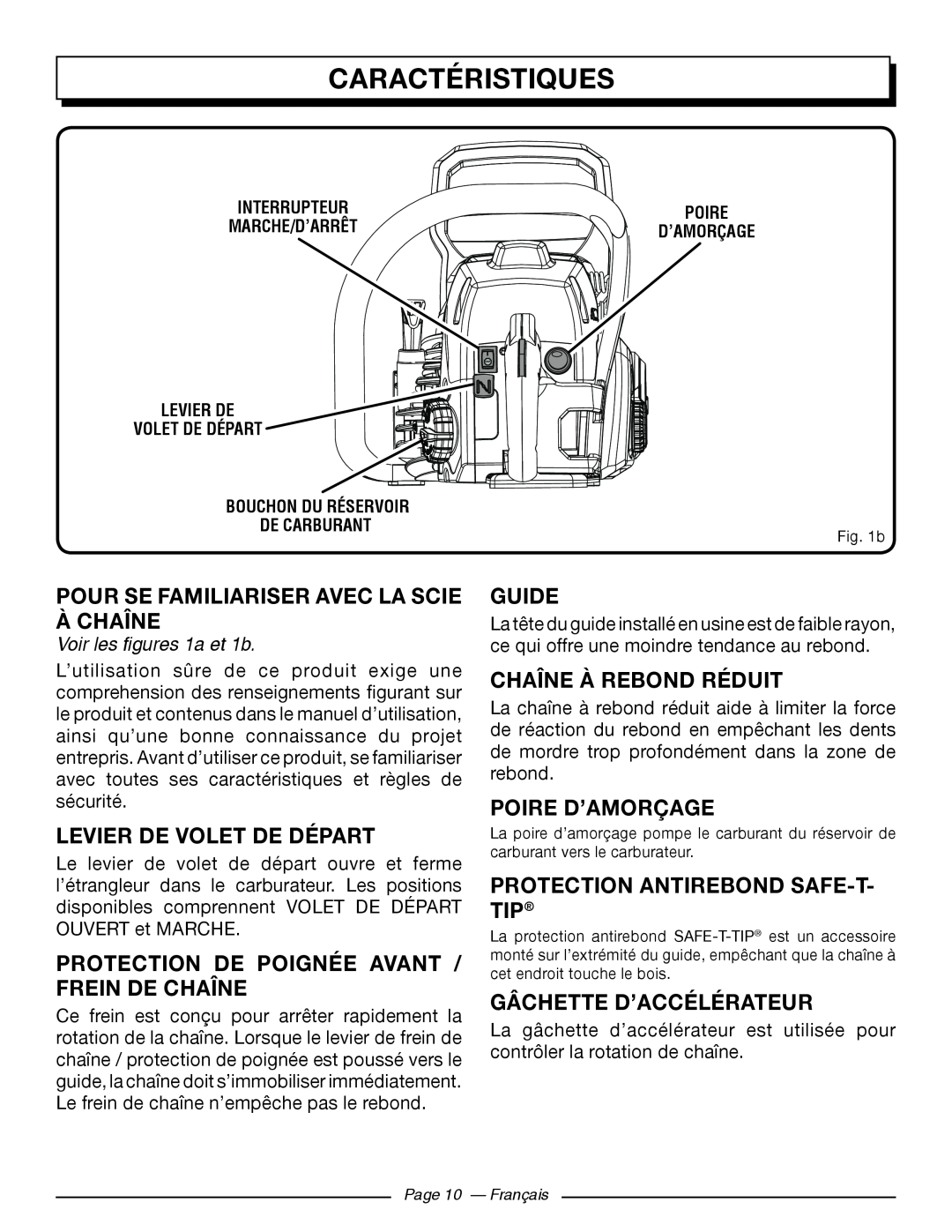 Homelite UT10584 Pour Se Familiariser Avec La Scie À Chaîne, Levier De Volet De Départ, Guide, Chaîne À Rebond Réduit 