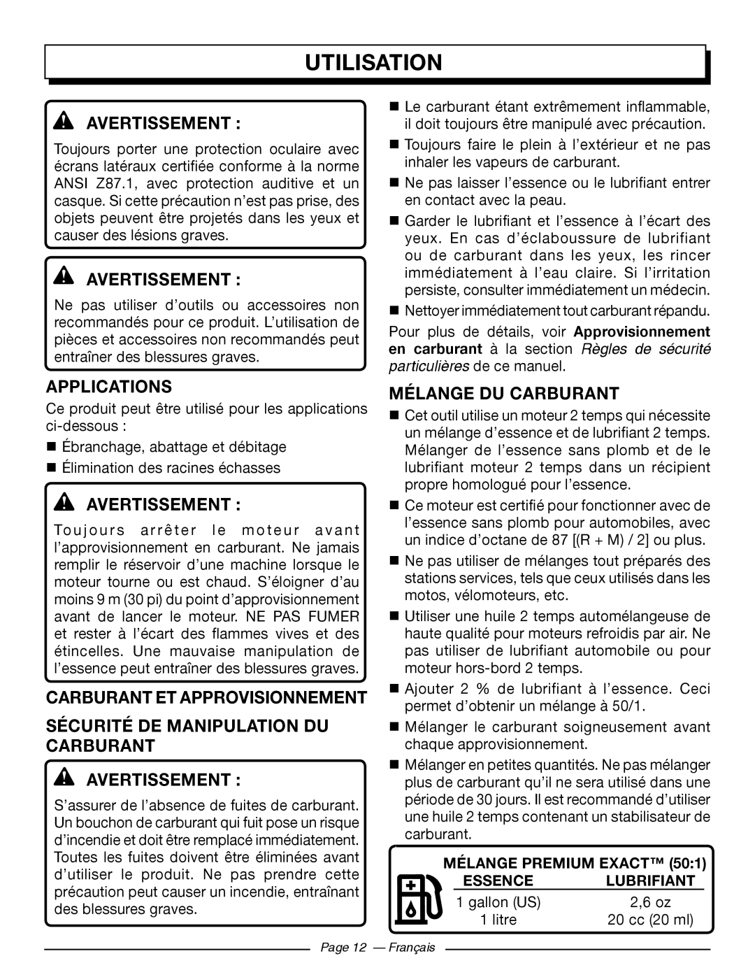 Homelite UT10544 Carburant Et Approvisionnement Sécurité De Manipulation Du Carburant, Mélange Du Carburant, Lubrifiant 