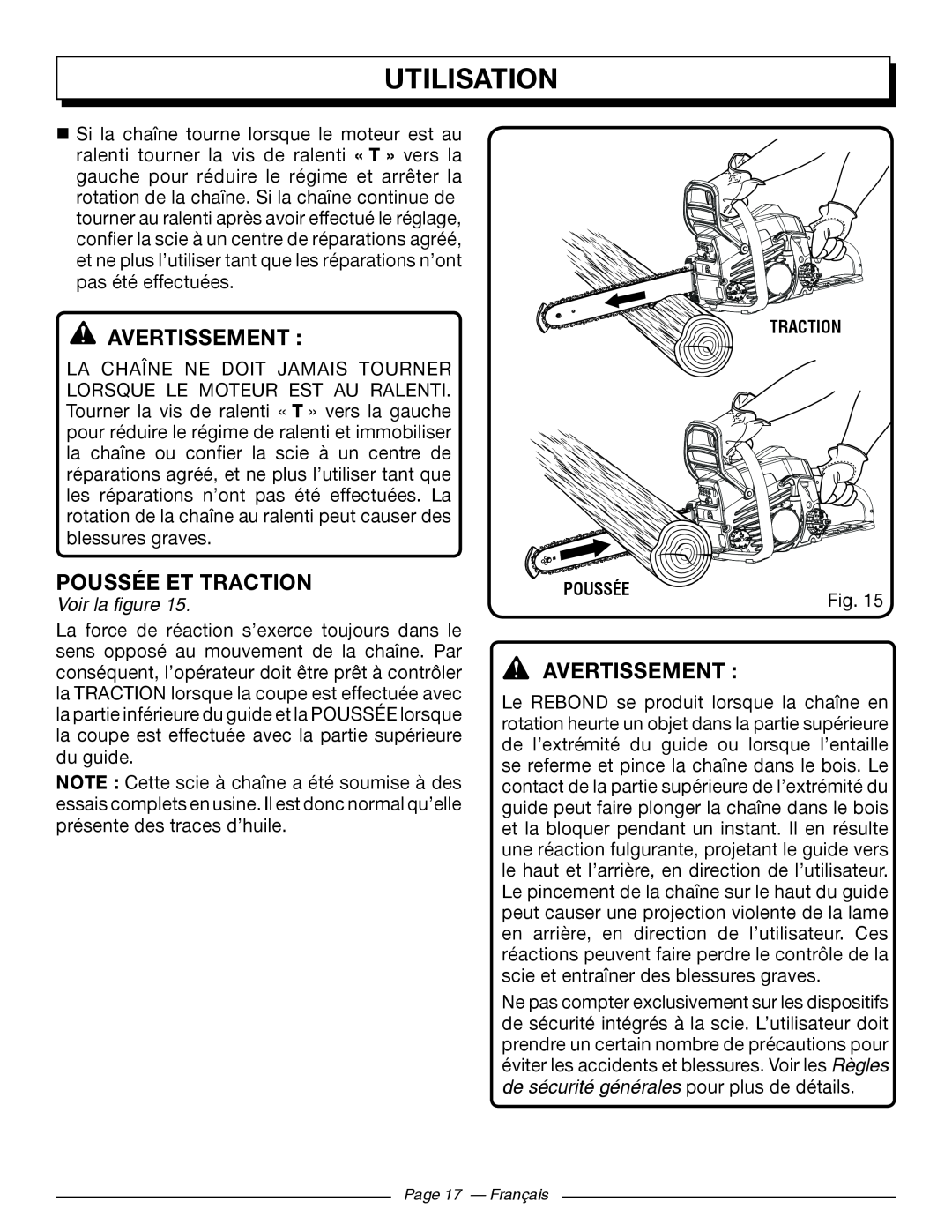 Homelite UT10564, UT10586, UT10584, UT10544, UT10546, UT10566 Poussée Et Traction, Utilisation, Avertissement , Voir la figure 