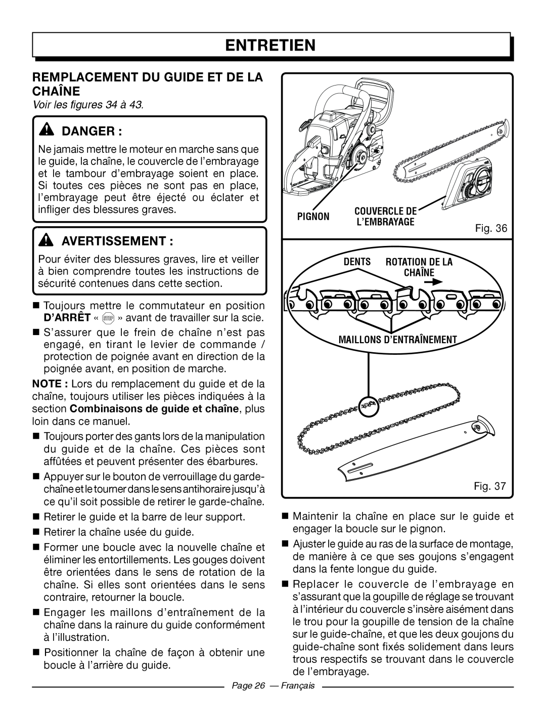 Homelite UT10566, UT10586 Remplacement Du Guide Et De La Chaîne, Voir les figures 34 à, Entretien, Danger, Avertissement  