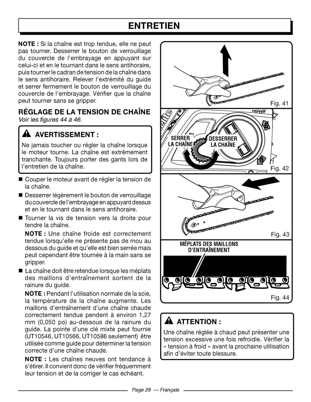 Homelite UT10584, UT10586, UT10564 Réglage De La Tension De Chaîne, Voir les figures 44 à, Entretien, Avertissement  