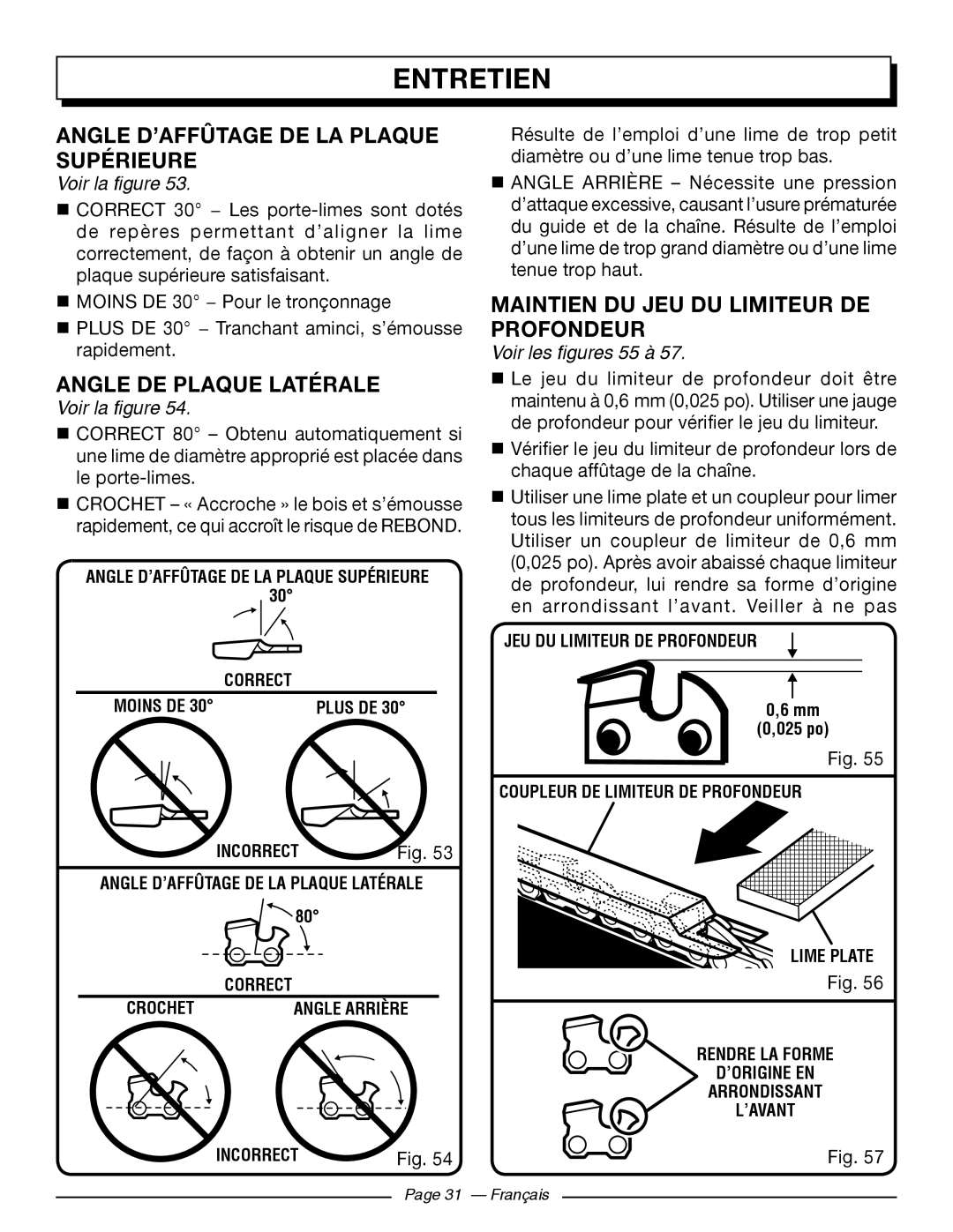 Homelite UT10546 Angle D’Affûtage De La Plaque Supérieure, Angle De Plaque Latérale, Voir les figures 55 à, Entretien 