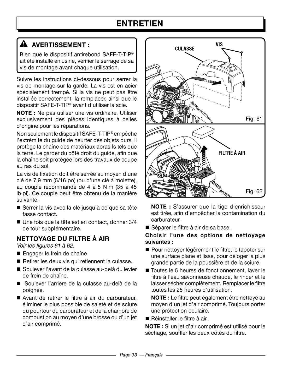 Homelite UT10586 Nettoyage Du Filtre À Air, Voir les figures 61 à, Choisir l’une des options de nettoyage suivantes  