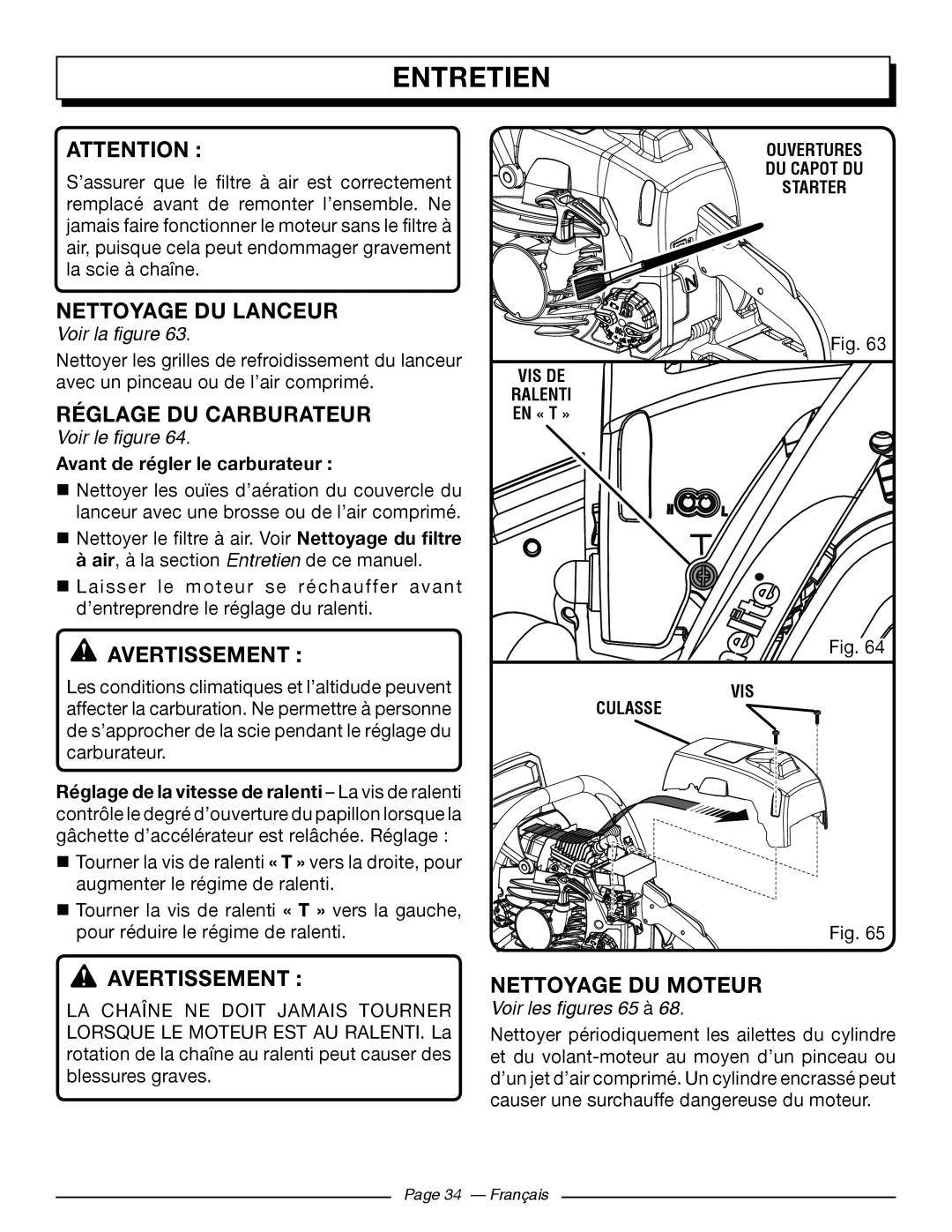 Homelite UT10584, UT10586 Nettoyage Du Lanceur, Réglage Du Carburateur, Avertissement, Nettoyage Du Moteur, Voir le figure 