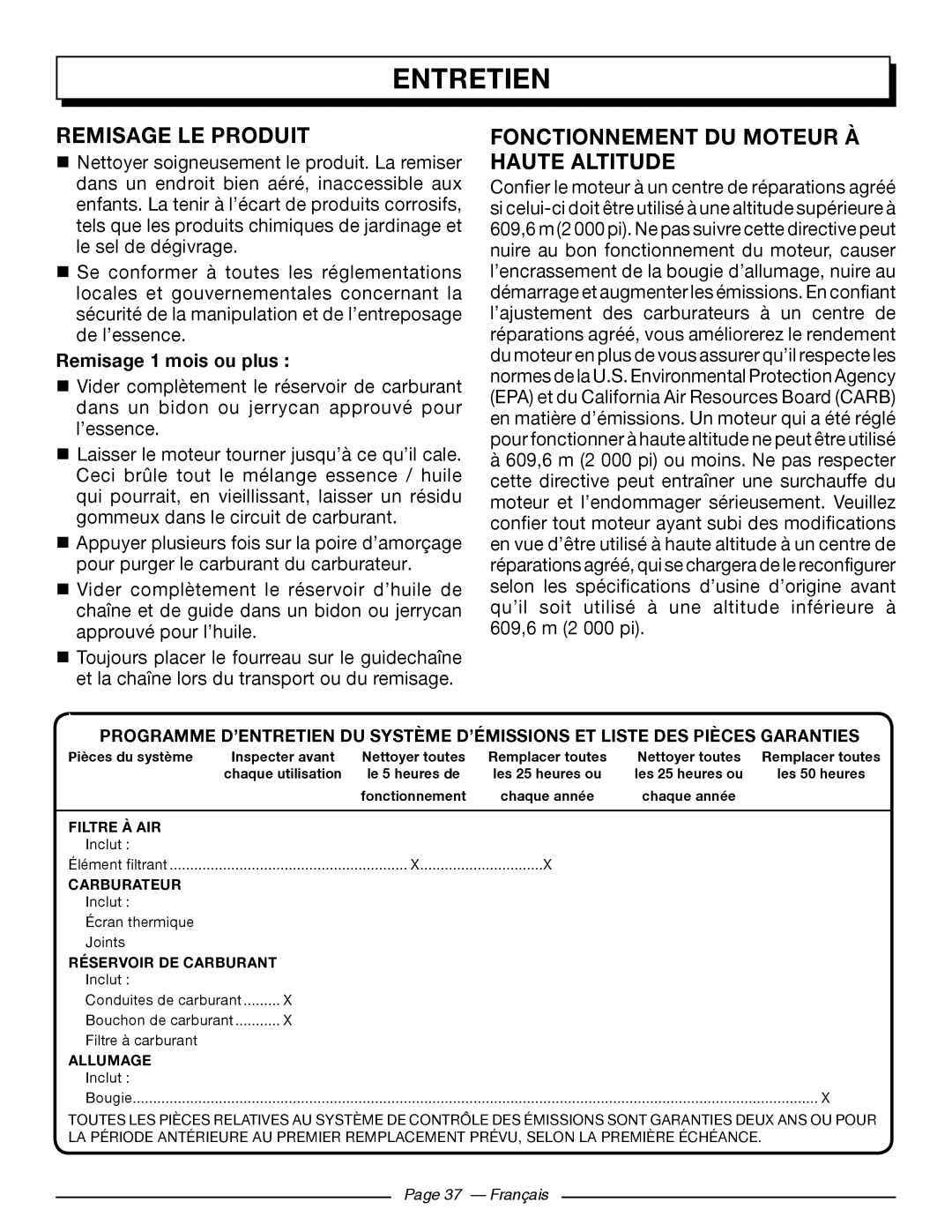 Homelite UT10546 Remisage Le Produit, Fonctionnement Du Moteur À Haute Altitude, Remisage 1 mois ou plus, Entretien 