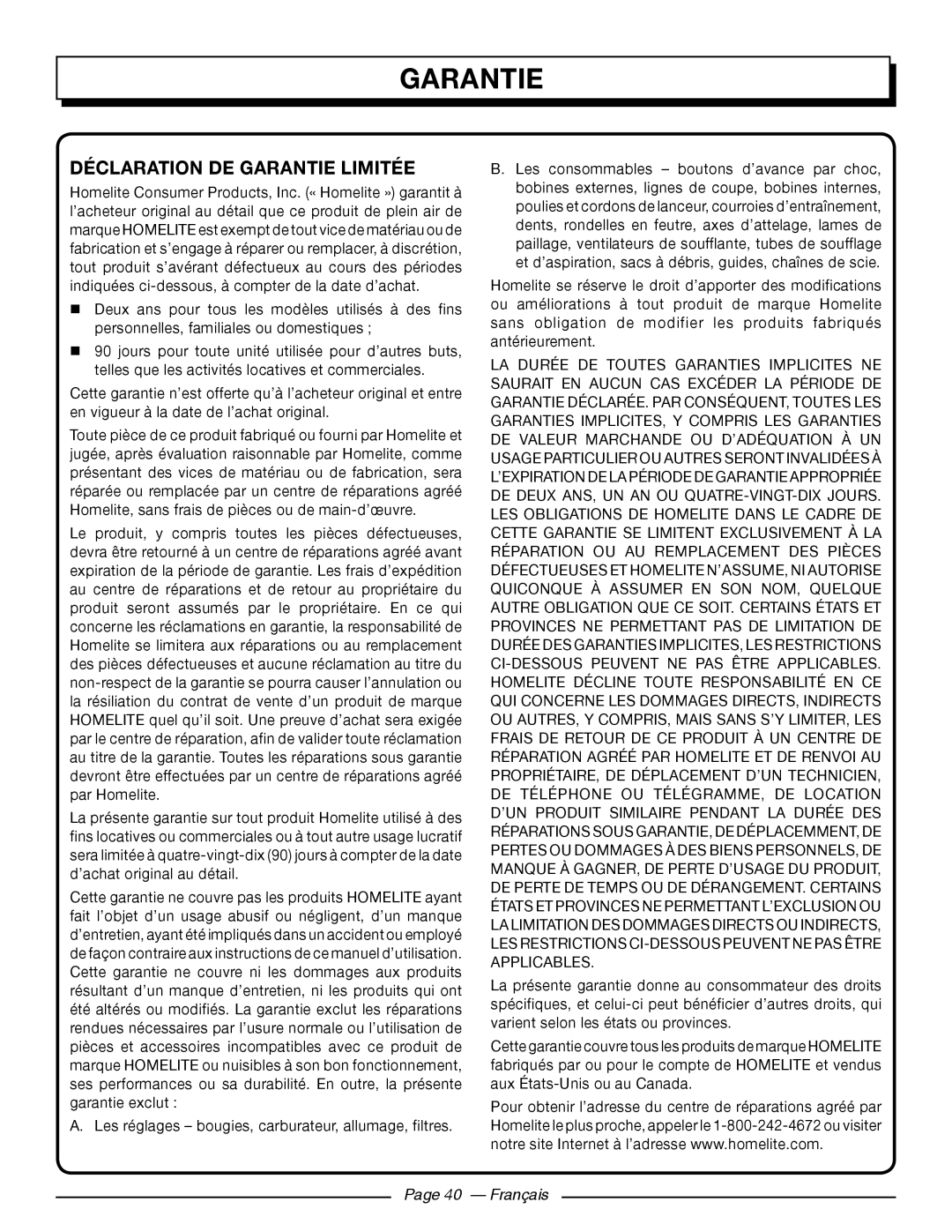 Homelite UT10584, UT10586, UT10564, UT10544, UT10546, UT10566 Déclaration De Garantie Limitée, Page 40 - Français 