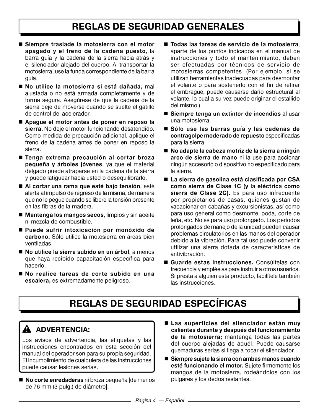 Homelite UT10546, UT10586, UT10584, UT10564 Reglas De Seguridad Específicas, Reglas De Seguridad Generales, Advertencia 