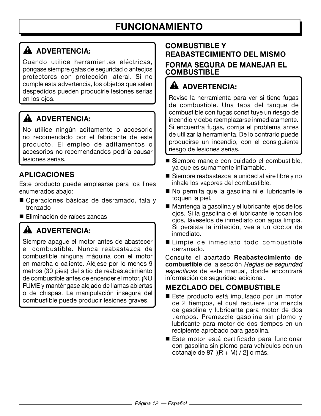 Homelite UT10586, UT10584 Aplicaciones, Forma Segura De Manejar El Combustible Advertencia, Mezclado Del Combustible 