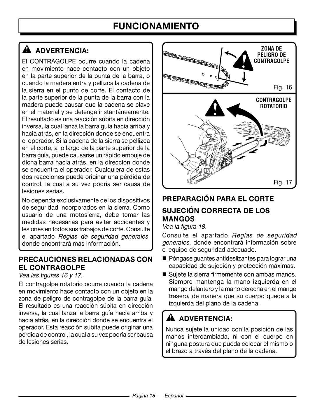 Homelite UT10586 Precauciones Relacionadas Con El Contragolpe, Preparación Para El Corte Sujeción Correcta De Los Mangos 