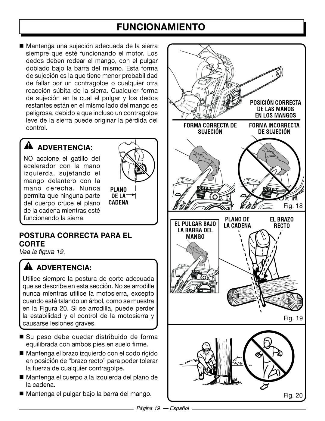 Homelite UT10584, UT10586, UT10564, UT10544 Postura Correcta Para El Corte, Funcionamiento, Advertencia, Vea la figura 