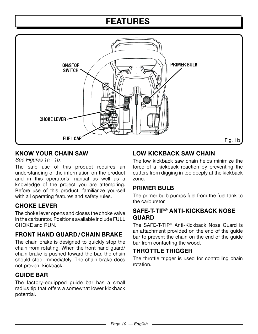 Homelite UT10548 Know Your Chain SAW, Choke Lever, Front Hand GUARD / CHAIN Brake, Guide BAR, LOW Kickback SAW Chain 