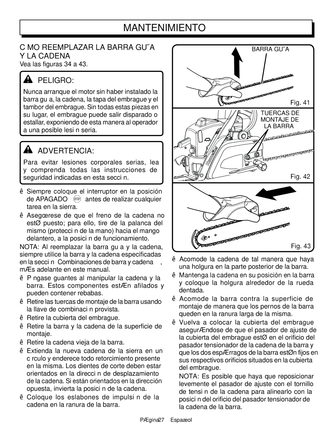 Homelite UT10588, UT10548, UT10568 manuel dutilisation Cómo Reemplazar LA Barra Guía Y LA Cadena, Vea las figuras 34 a 