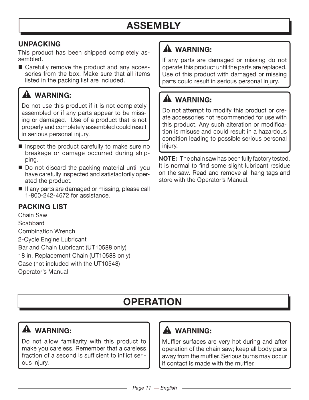 Homelite UT10568, UT10588, UT10548 manuel dutilisation Assembly, Operation, Unpacking, Packing List 