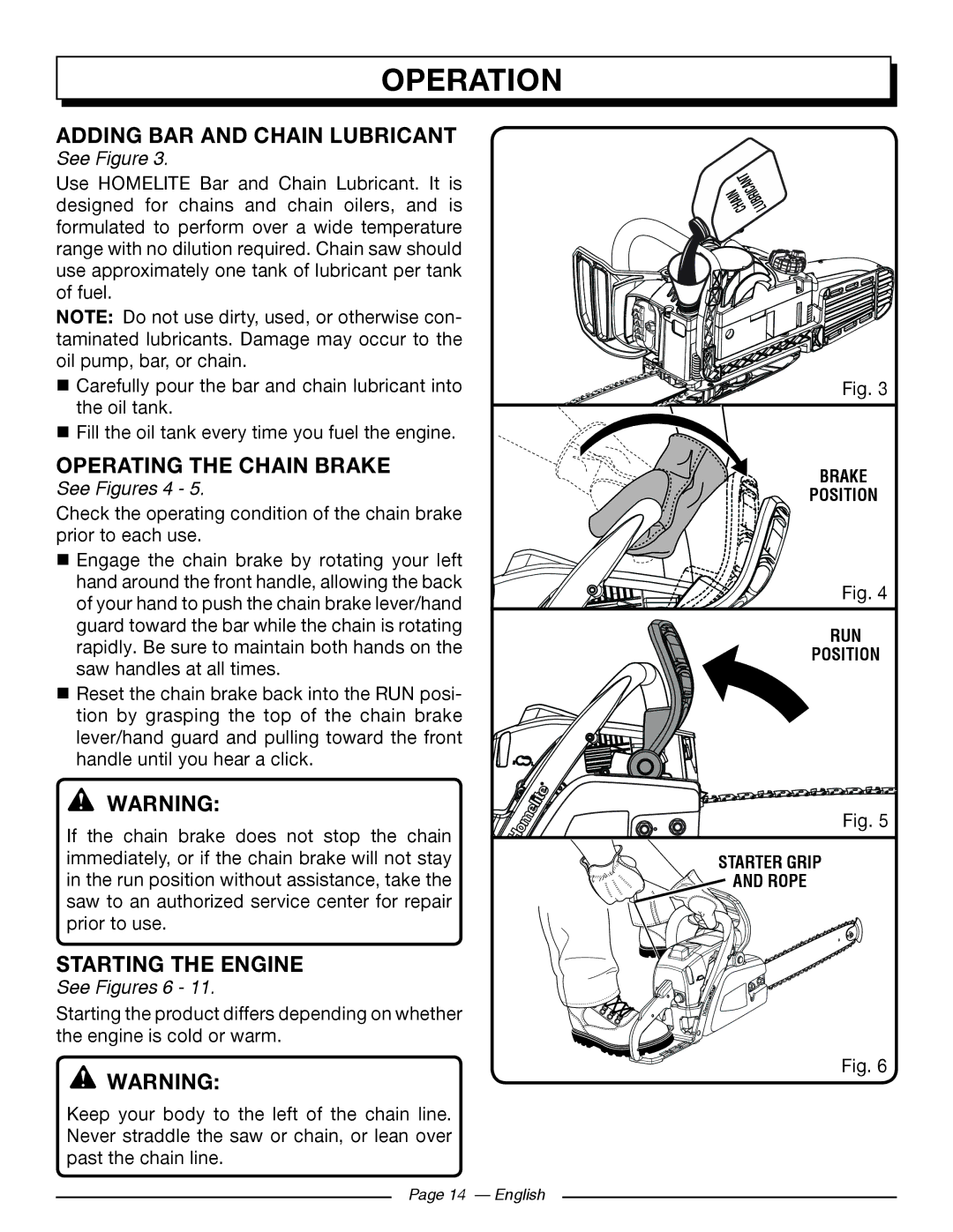 Homelite UT10568, UT10588 Adding BAR and Chain Lubricant, Operating the Chain Brake, Starting the Engine, See Figures 4 