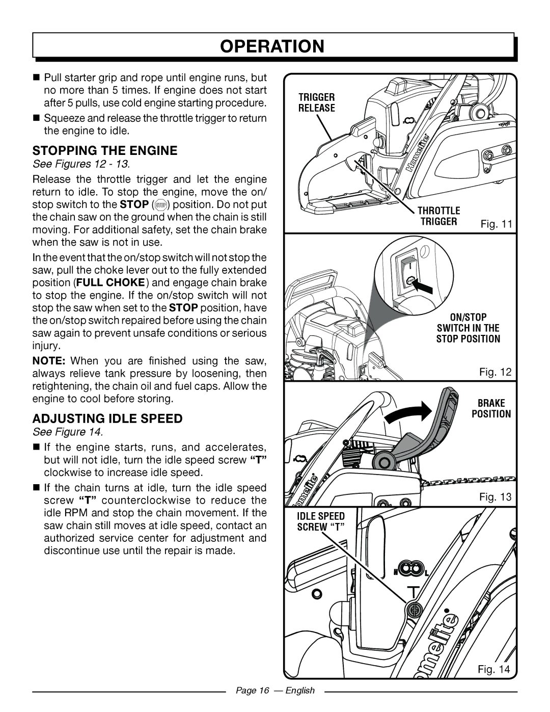 Homelite UT10548, UT10588, UT10568 manuel dutilisation Stopping the Engine, Adjusting Idle Speed, See Figures 12 