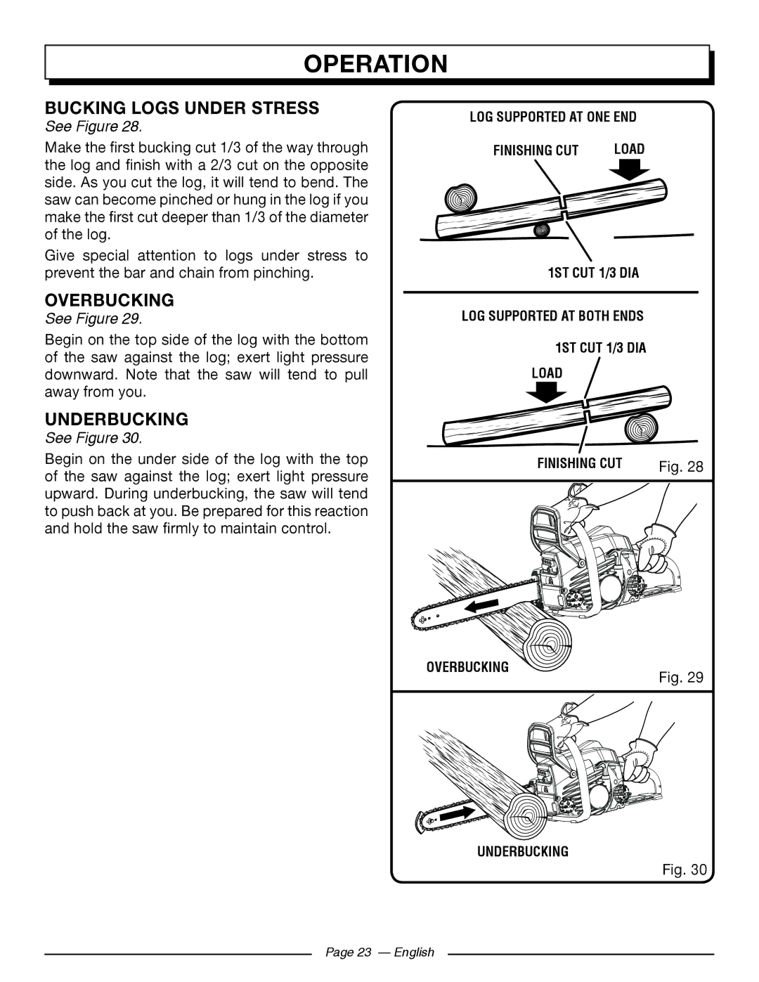 Homelite UT10568, UT10588, UT10548 manuel dutilisation Bucking Logs Under Stress, Overbucking, Underbucking 