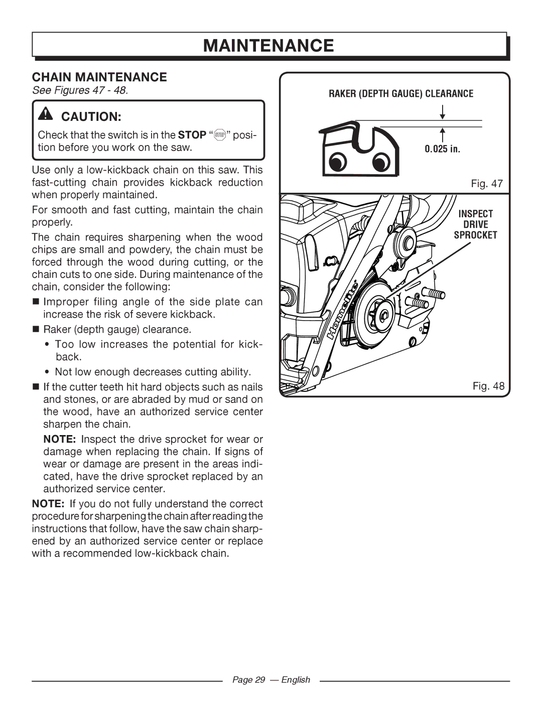 Homelite UT10568, UT10588, UT10548 manuel dutilisation Chain Maintenance, See Figures 47 