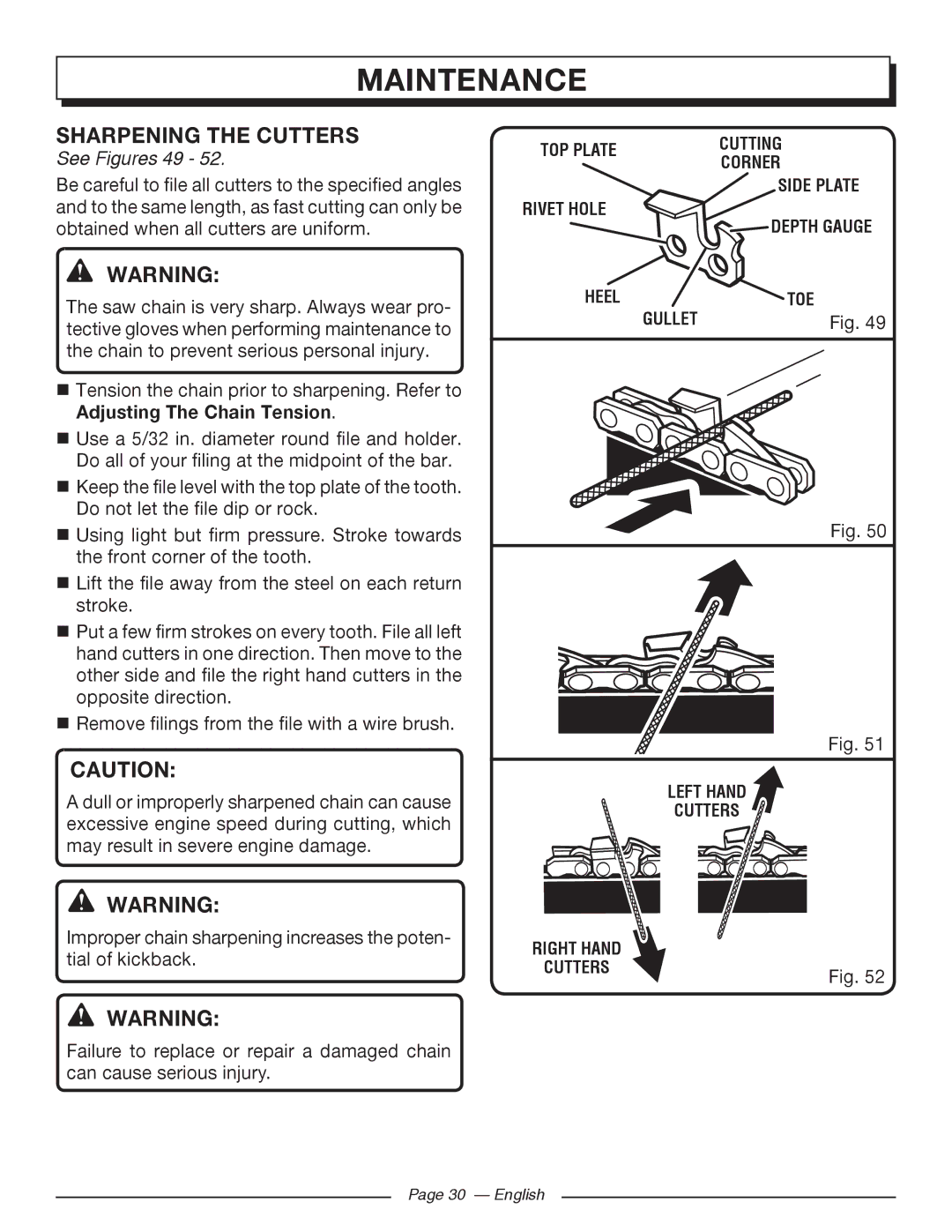 Homelite UT10588, UT10548, UT10568 manuel dutilisation Sharpening the Cutters, See Figures 49 