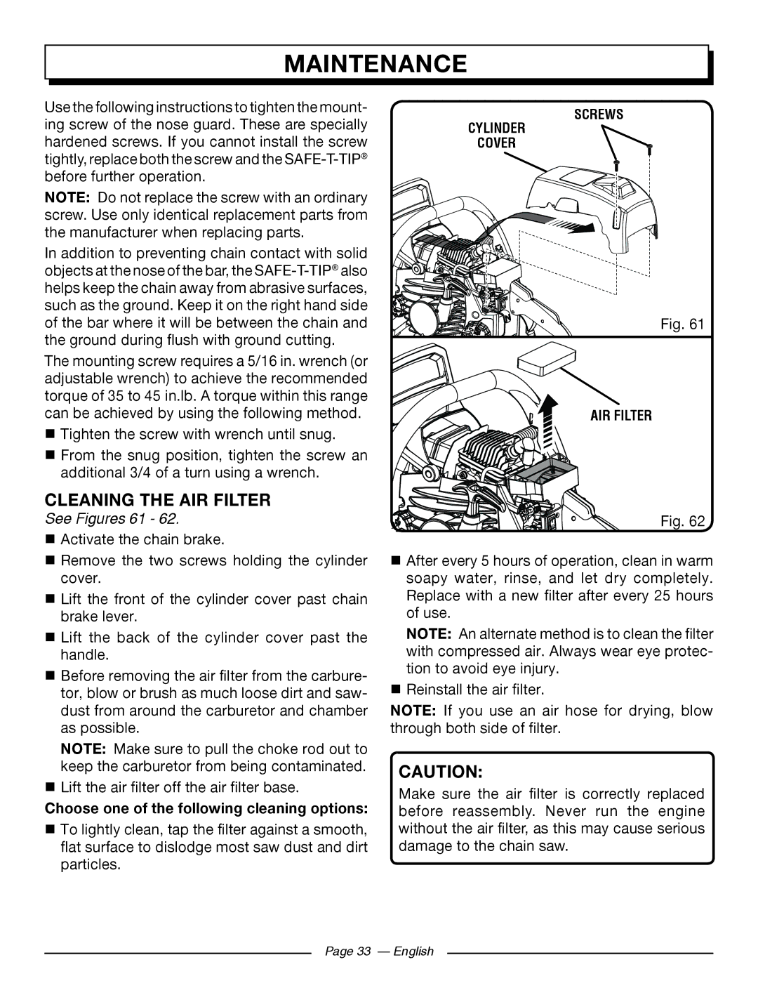 Homelite UT10588, UT10548, UT10568 Cleaning the AIR Filter, See Figures 61, Choose one of the following cleaning options 