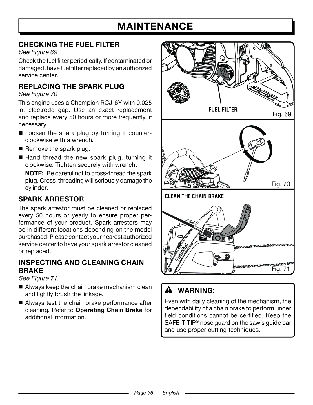 Homelite UT10588 Checking the Fuel Filter, Replacing the Spark Plug, Spark Arrestor, Inspecting and Cleaning Chain Brake 