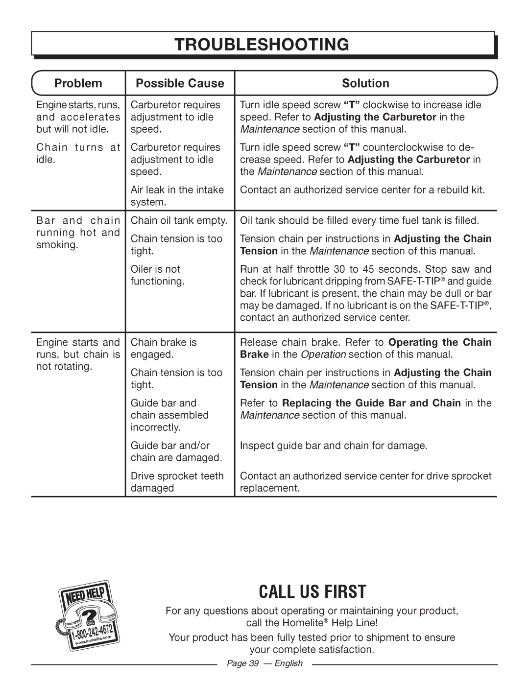 Homelite UT10588 Call US First, Speed. Refer to Adjusting the Carburetor, Refer to Replacing the Guide Bar and Chain, 242 