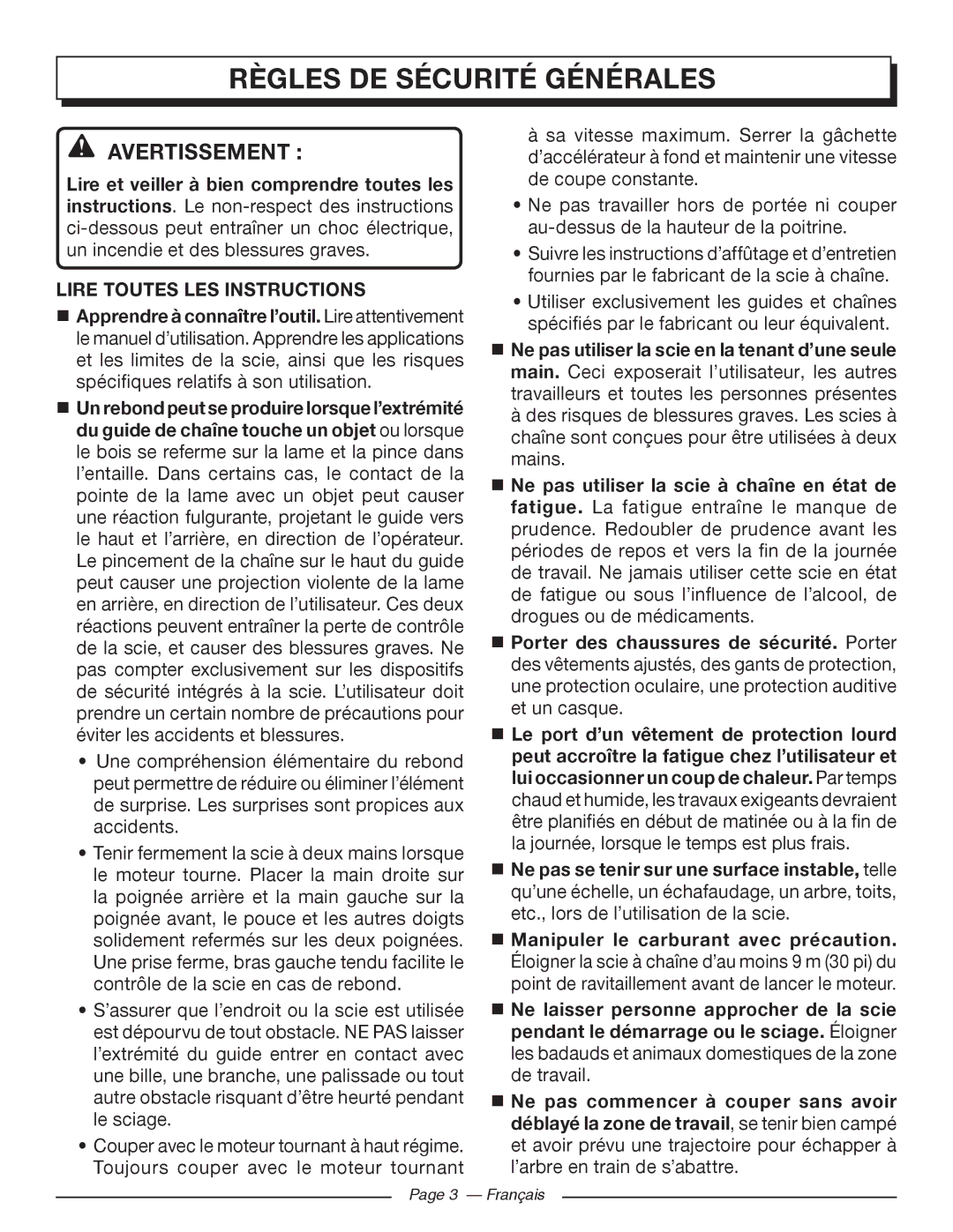 Homelite UT10588, UT10548, UT10568 Règles DE Sécurité Générales, Avertissement , Lire Toutes LES Instructions 