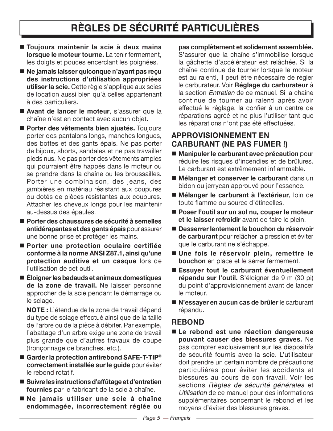 Homelite UT10568, UT10588, UT10548 manuel dutilisation Approvisionnement EN Carburant NE PAS FUMER , Rebond 