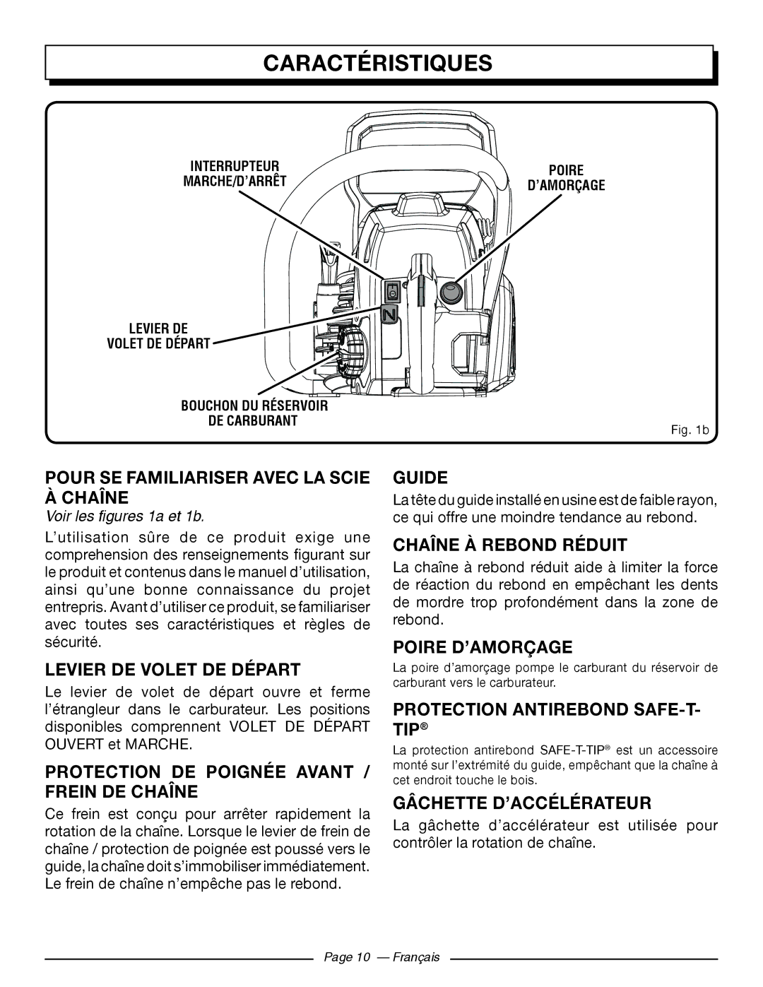 Homelite UT10548 Pour SE Familiariser Avec LA Scie À Chaîne, Levier DE Volet DE Départ, Guide, Chaîne À Rebond Réduit 