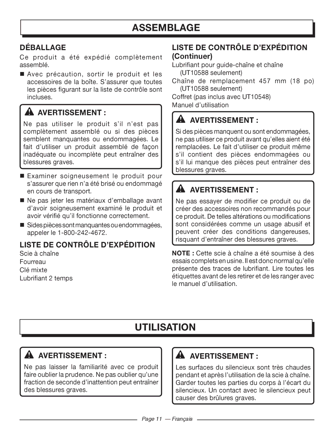 Homelite UT10568, UT10588, UT10548 manuel dutilisation Assemblage, Utilisation, Déballage, Liste DE Contrôle D’EXPÉDITION 