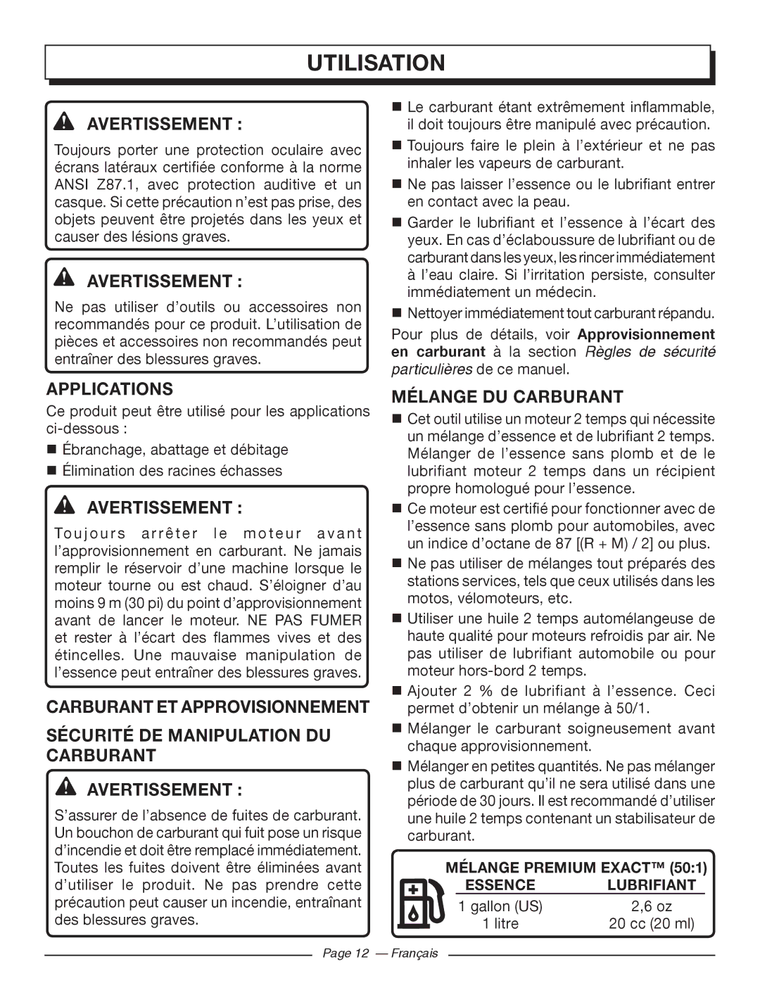 Homelite UT10588, UT10548, UT10568 manuel dutilisation Mélange DU Carburant, Mélange Premium Exact 