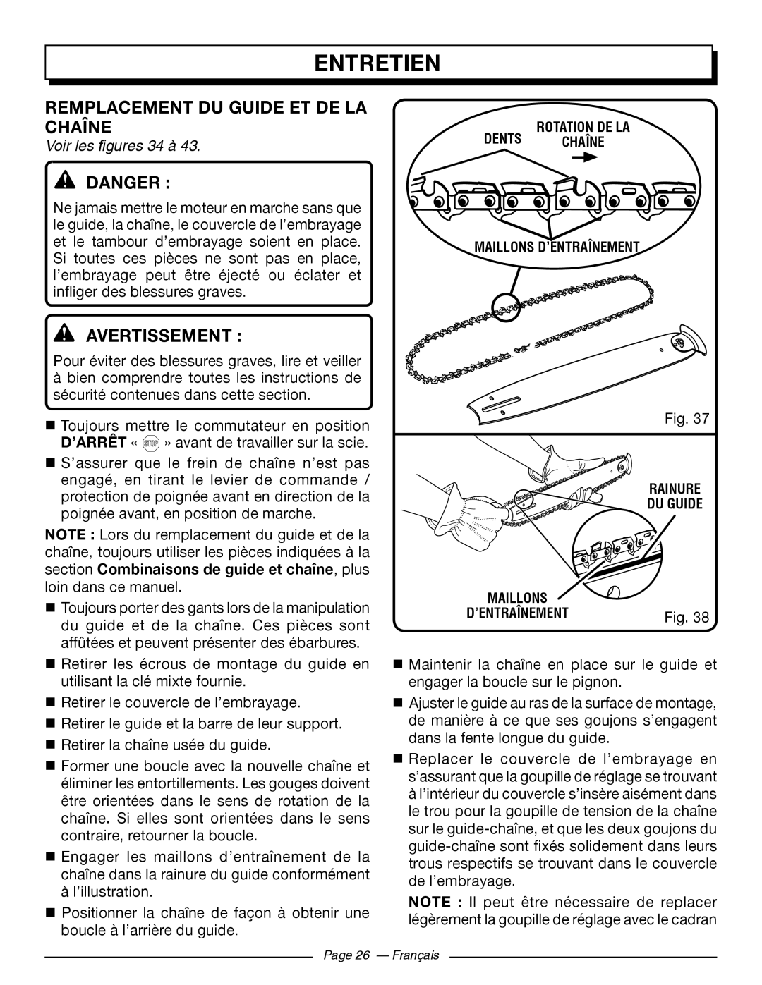 Homelite UT10568, UT10588, UT10548 manuel dutilisation Remplacement DU Guide ET DE LA Chaîne, Voir les figures 34 à 