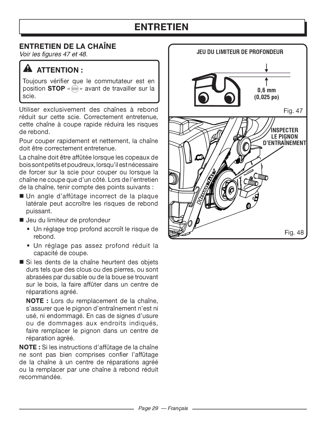 Homelite UT10568, UT10588, UT10548 manuel dutilisation Entretien DE LA Chaîne, Voir les figures 47 et 
