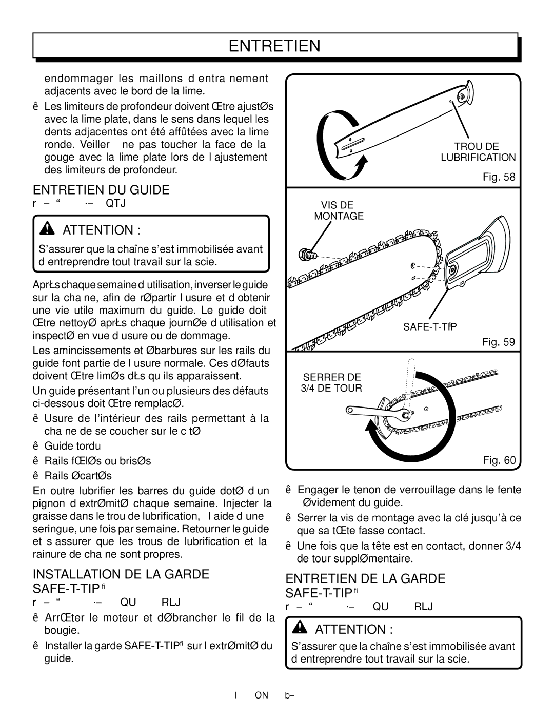 Homelite UT10568, UT10588 Entretien DU Guide, Installation DE LA Garde SAFE-T-TIP, Entretien DE LA Garde SAFE-T-TIP 