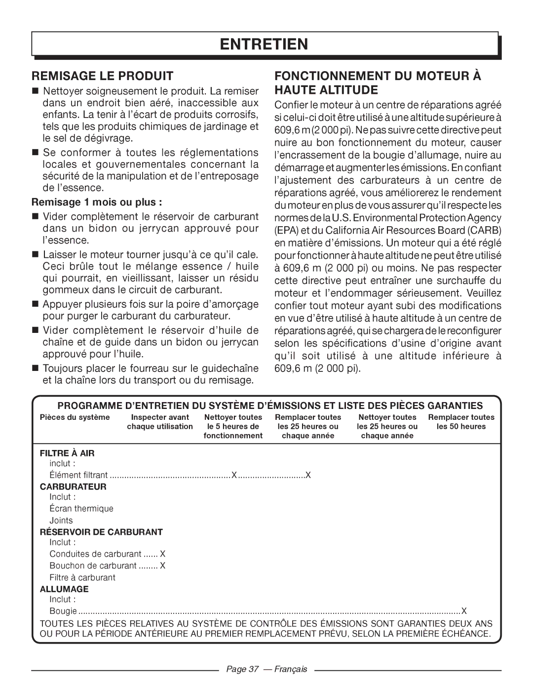 Homelite UT10548, UT10588, UT10568 Remisage LE Produit, Fonctionnement DU Moteur À Haute Altitude, Remisage 1 mois ou plus 