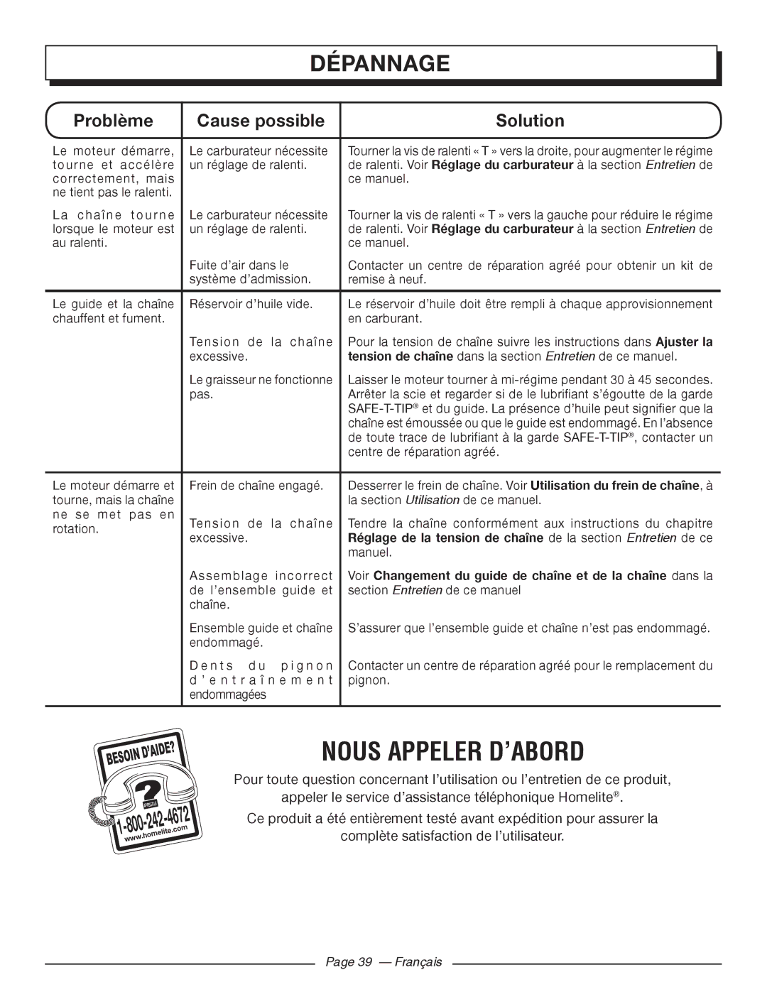 Homelite UT10588, UT10548, UT10568 Nous Appeler D’ABORD, Voir Changement du guide de chaîne et de la chaîne dans la 