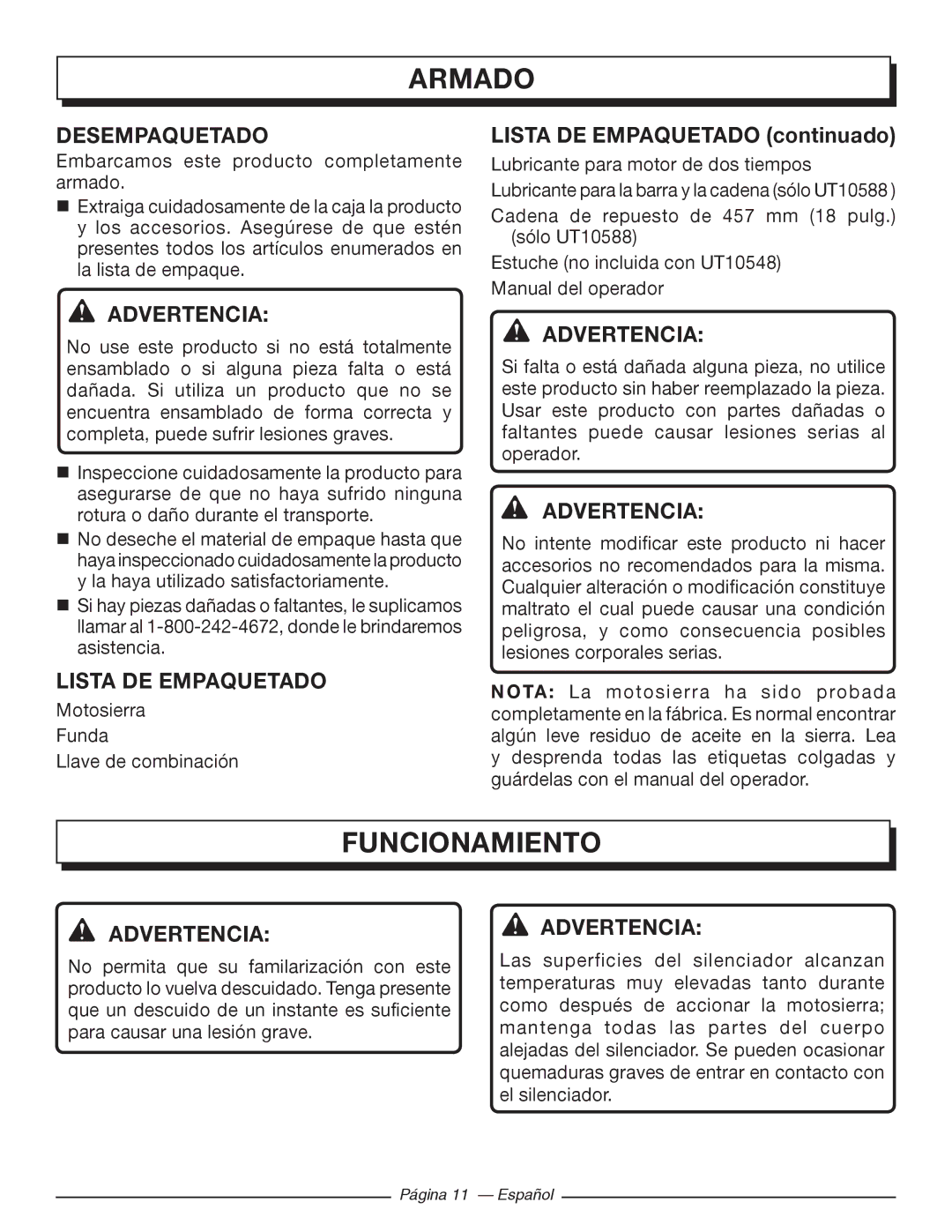 Homelite UT10568, UT10588, UT10548 manuel dutilisation Armado, Funcionamiento, Desempaquetado, Lista DE Empaquetado 