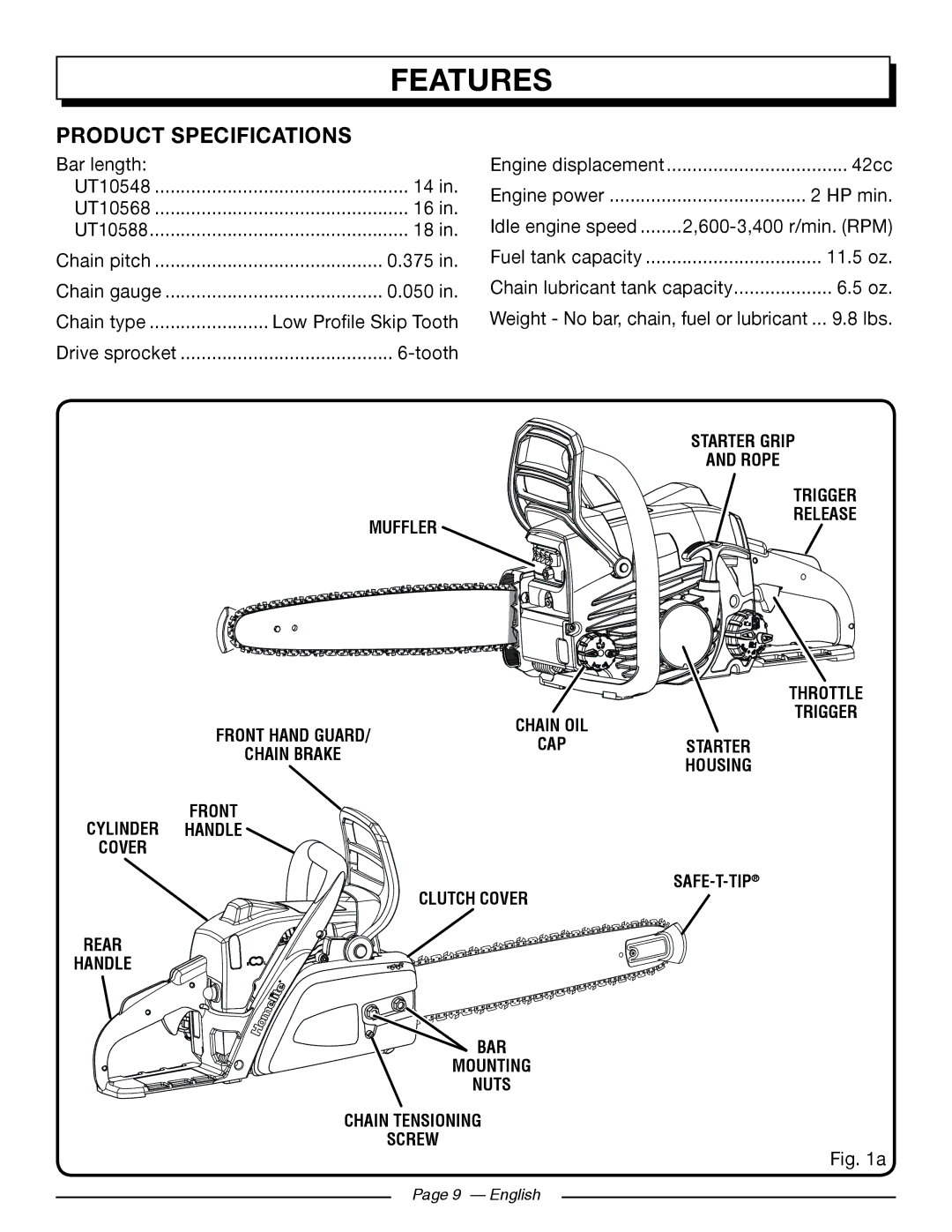 Homelite UT10588, UT10548, UT10568 manuel dutilisation Features, Product Specifications 