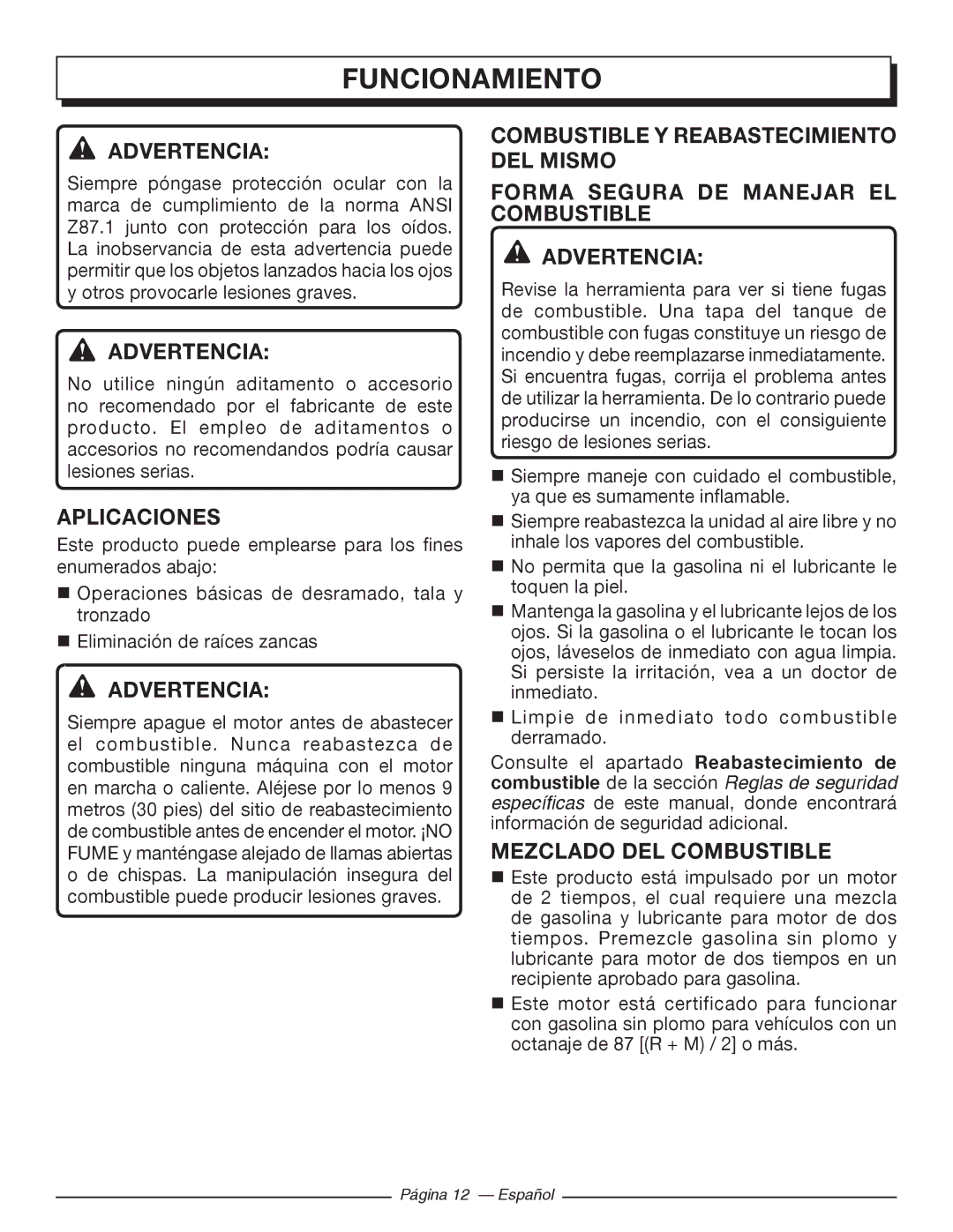 Homelite UT10588, UT10548, UT10568 manuel dutilisation Aplicaciones, Mezclado DEL Combustible 