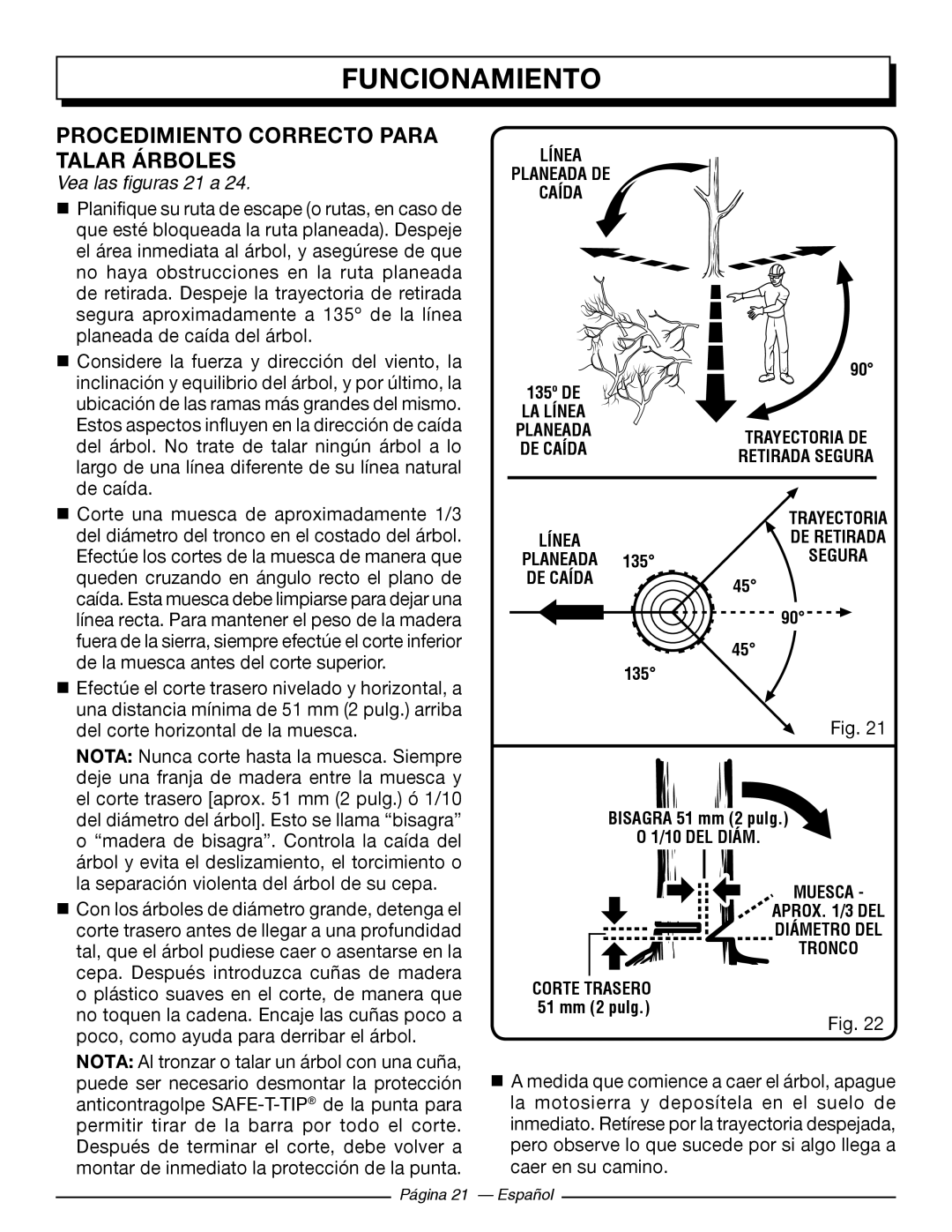 Homelite UT10588, UT10548, UT10568 manuel dutilisation Procedimiento Correcto Para Talar Árboles, Vea las figuras 21 a 