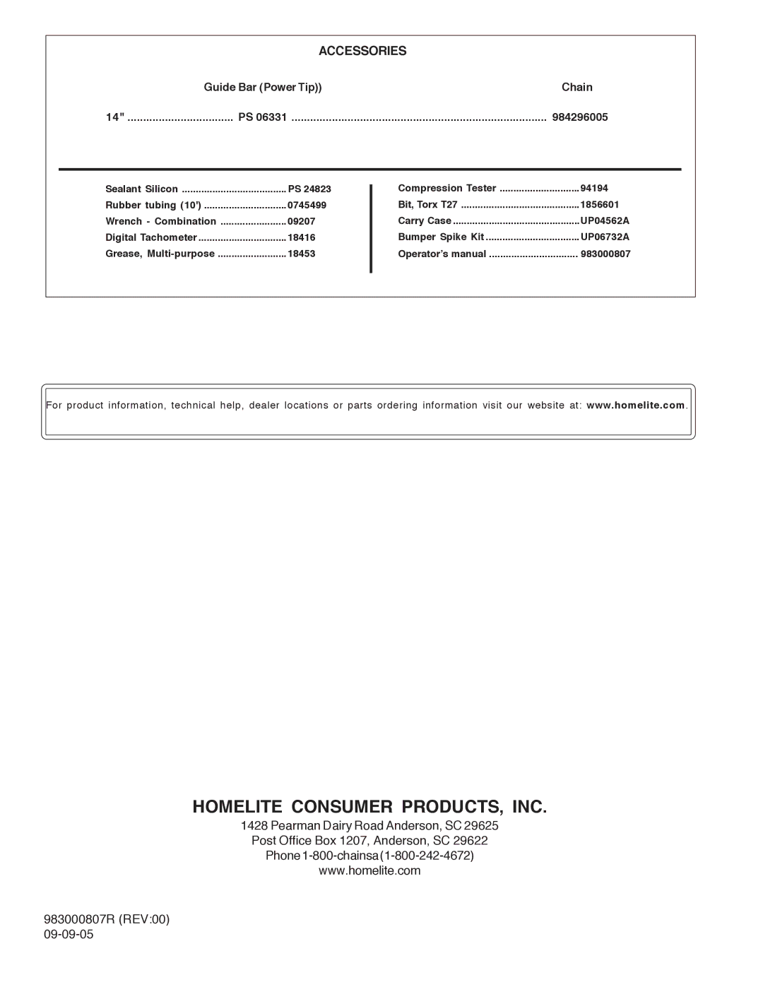 Homelite UT10901B manual Homelite Consumer PRODUCTS, INC, Accessories 