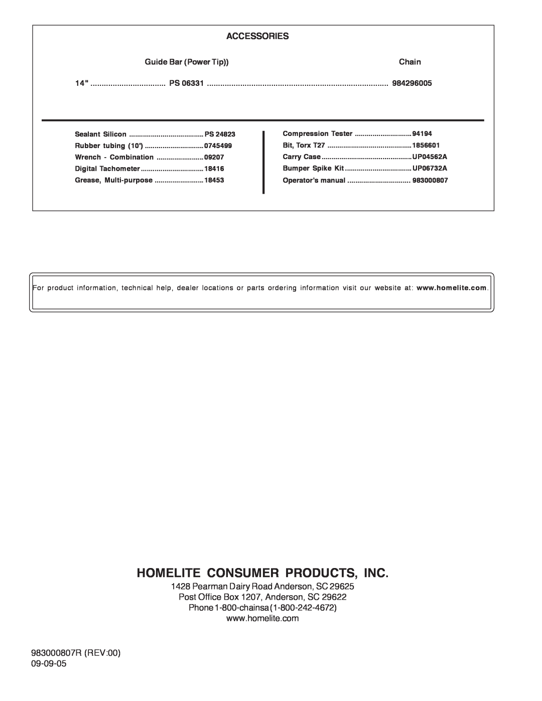 Homelite UT10901B Homelite Consumer Products, Inc, Accessories, 0745499, 09207, 18416, 18453, 94194, 1856601, UP04562A 