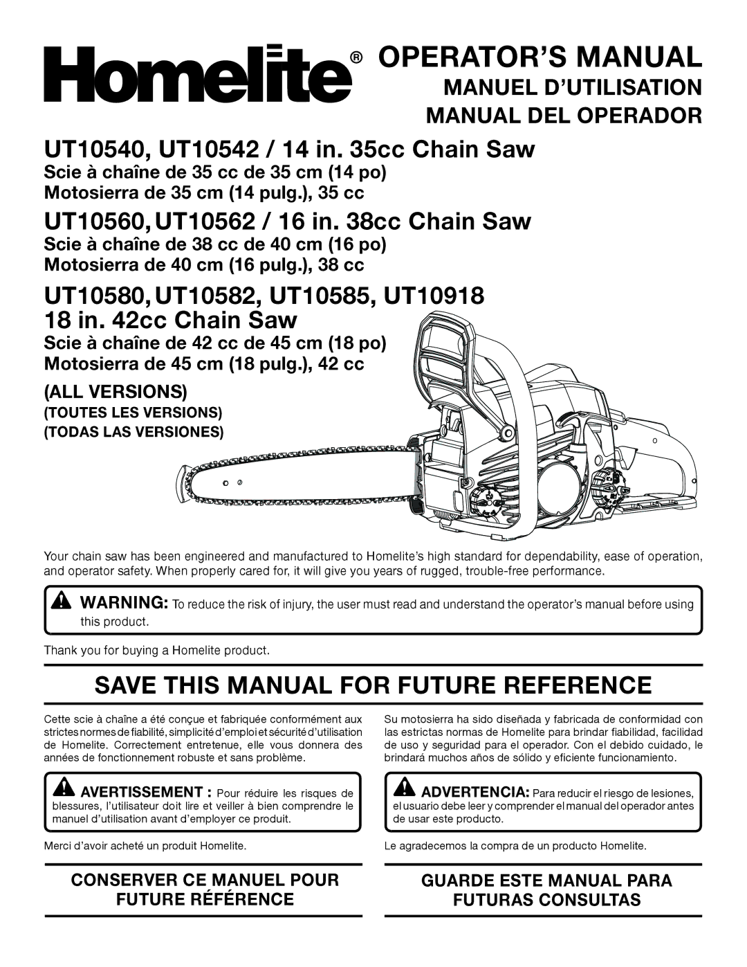 Homelite UT10585, UT10918 manuel dutilisation UT10540, UT10542 / 14 in cc Chain Saw, UT10560, UT10562 / 16 in cc Chain Saw 